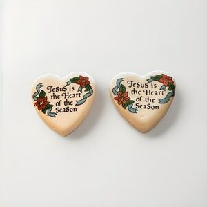 TWO Ceramic Jesus Is The Heart Of The Season Lapel Pin Brooch Heart Shape